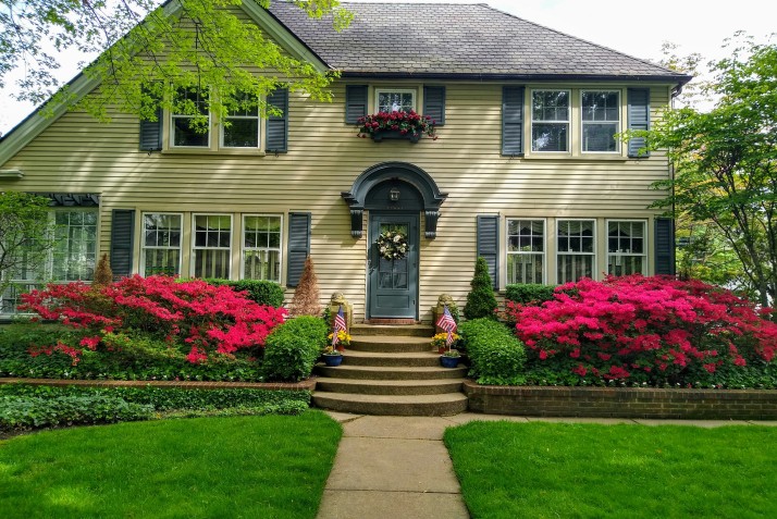 Charming front yard garden with bright pink azaleas